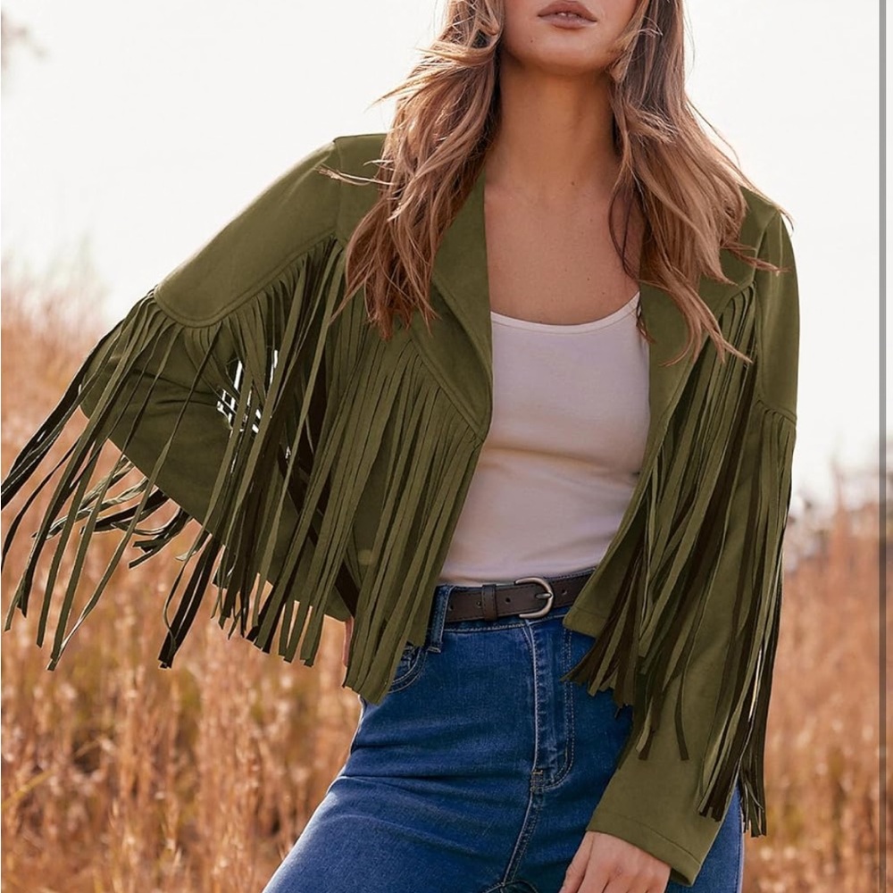 Women's Suede Fringe Jacket Long Sleeve Slim Faux Leather Boyfriend Cropped Top - Picture 6 of 6